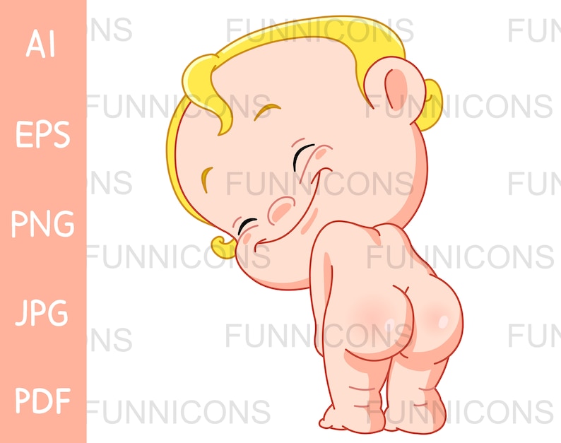 Puede incluir: Una ilustraci&oacute;n de dibujos animados de un beb&eacute; con cabello rubio, sonriendo y mirando por encima del hombro. El beb&eacute; est&aacute; desnudo y tiene una tez rosada.