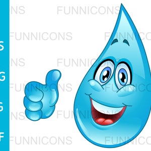Cartoon clipart di una goccia d'acqua felice che mostra il pollice in su della mano, come gesto ok okay, file ai eps png jpg pdf, download di file digitali.