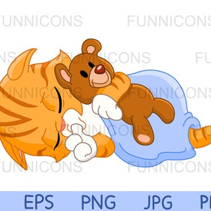 Clipart Cartoon eines schlafenden Kätzchen Kätzchen Katze mit einem Teddybär saugt seinen Daumen, ai eps png jpg und pdf-Dateien, digitale Dateien herunterladen.