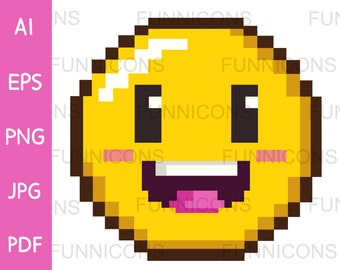 Clipart cartoon showing a happy  emoticon in 8-bit pixel art, ai eps png jpg and pdf files included, digital files instant download.