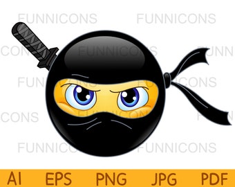 Clipart cartoon of a ninja emoticon, ai eps png jpg and pdf files included, digital files instant download.