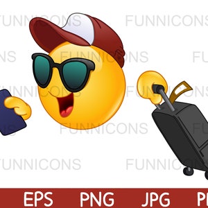 Clipart cartoon of an air traveler  emoticon holding his passport, dragging suitcase, ai eps png jpg pdf files, digital files download.