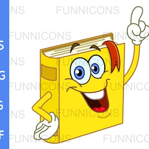 指でアイデアを指している幸せな本のキャラクターのクリップアート漫画、ai eps png jpg および pdf ファイル、デジタル ファイルのダウンロード。