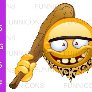 Cartone animato clipart di un'emoticon preistorica di un uomo delle caverne di Neanderthal che trasporta una mazza di legno, file ai eps png jpg pdf, download di file digitali.