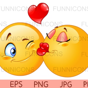 Valentine’s Day clipart, female  emoticon kissing her boyfriend cartoon, ai eps png jpg and pdf files included, digital files download.