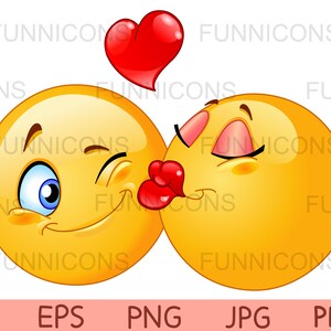 Clipart z okazji Walentynek, emotikonka kobieca całująca swojego chłopaka, dołączone pliki ai eps png jpg i pdf, możliwość pobrania plików cyfrowych.