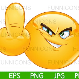 Clipart cartoon of  emoticon showing middle finger, obscene rude hand gesture, ai eps png jpg and pdf files, digital files download.