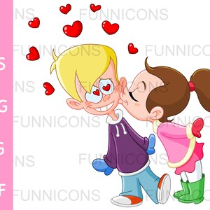 Valentijnsdag clipart cartoon van een meisje kussen liefde jongen met rode harten, ai eps png jpg en pdf-bestanden opgenomen, digitale bestanden te downloaden.