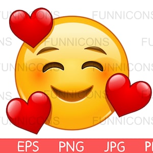 Emoticon sorridente con 3 cuori clipart cartoon, file ai eps png jpg e pdf inclusi, download immediato di file digitali.