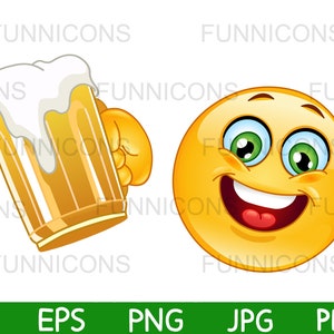Clipart przedstawiający radosną emotikonkę wiwatującą z kuflem piwa, dołączone pliki ai eps png jpg i pdf, możliwość natychmiastowego pobrania plików cyfrowych.