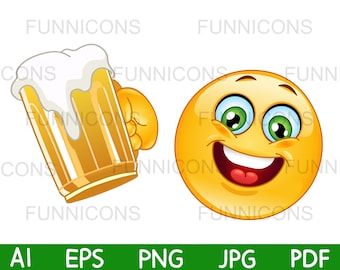Clipart Cartoon Of A Happy Emoji Emoticon Cheering With Beer Etsy