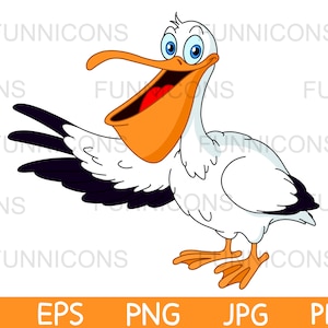 Clipart Cartoon eines glücklichen Pelikan präsentiert mit seinem Flügel, ai eps png jpg und pdf-Dateien enthalten, digitale Dateien sofortigen Download.
