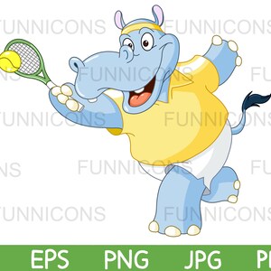 Desenho animado clipart de um hipopótamo feliz jogando tênis, ilustração de esporte animal, arquivos ai eps png jpg e pdf incluídos, download de arquivos digitais.