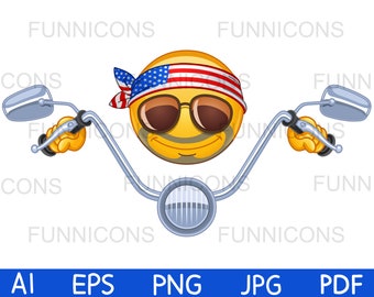 Clipart cartoon of a biker  emoticon riding his bike wearing USA flag headband, ai eps png jpg and pdf files, digital files download.