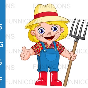 Caricatura de imágenes prediseñadas de una joven agricultora feliz sosteniendo una horca, ai eps png jpg y archivos pdf incluidos, archivos digitales de descarga instantánea.