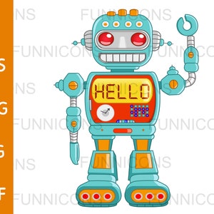 Clipart cartoon of a retro robot toy waving and reading hello on his chest, ai eps png jpg and pdf files included, digital files download.