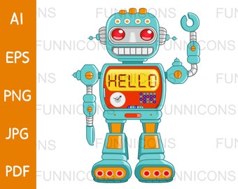 Clipart Cartoon eines Retro RoboterSpielzeugs winkt und hallo auf der Brust lesen, ai eps png jpg und pdf Dateien enthalten, digitale Dateien download.