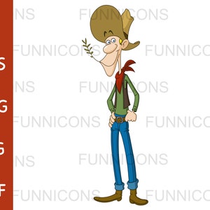 Clipart Cartoon einer lächelnden Hillbilly, Rancher, Ranger, Bauer Mann Kauen auf Stroh, ai eps png jpg und pdf Dateien, digitale Dateien herunterladen.