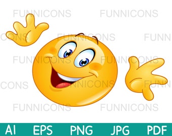 Clipart-cartoon des glücklichen emoticon, der Hände heraushält und überrascht, gestikulierend ta-da, ai eps png jpg pdf Dateien, digitale Dateien herunterladen.