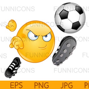 Clipart przedstawiający emotikonkę grającą w piłkę nożną, kopiącą piłkę, dołączone pliki ai eps png jpg i pdf, możliwość pobrania plików cyfrowych.