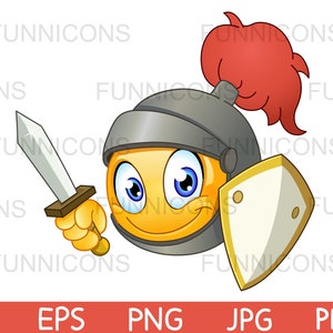 Clipart przedstawiający emotikonkę rycerza trzymającego miecz i tarczę, dołączone pliki ai eps png jpg i pdf, możliwość pobrania plików cyfrowych.