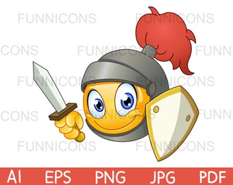 Clipart Cartoon eines Ritter Emoticon hält ein Schwert und Schild, ai eps png jpg und pdf Dateien enthalten, digitale Dateien herunterladen.