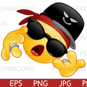 Clipart Cartoon eines Rapper Musiker Emoticon, ai eps png jpg und pdf Dateien enthalten, digitale Dateien sofortiger Download.