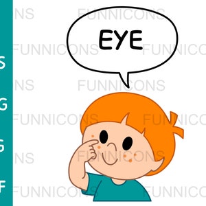 Niño pequeño señalando y diciendo ojo en una burbuja de voz, ai eps png jpg y archivos PDF incluidos, descarga instantánea de archivos digitales.