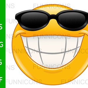 Clipart przedstawiający fajną emotikonkę w czarnych okularach przeciwsłonecznych z szerokim uśmiechem, pliki ai eps png jpg i pdf, możliwość pobrania plików cyfrowych.