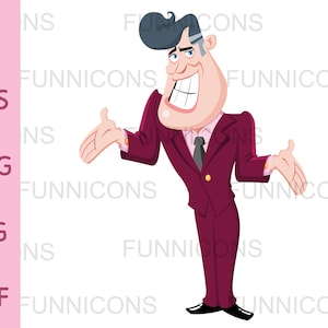 Clipart cartoon of a grinning businessman presenting with his hands, ai eps png jpg and pdf files included, digital files instant download.