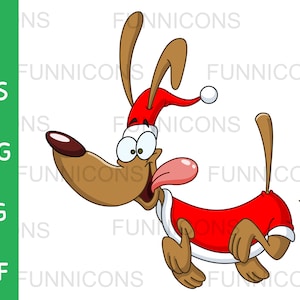 Christmas clipart cartoon of a running dog with Santa costume, animal illustration, ai eps png jpg and pdf files, digital files download.