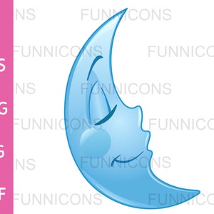 Clipart cartoon of a peaceful sleeping blue crescent moon profile face, ai eps png jpg and pdf files included, digital files download.