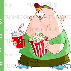Clipart desenho animado de um menino gordinho com pipoca e refrigerante de filme, arquivos ai eps png jpg e pdf incluídos, download instantâneo de arquivos digitais.