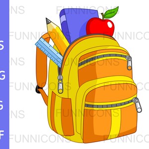 May include: A yellow and orange cartoon backpack with a zipped pocket and two smaller pockets. The backpack is filled with school supplies, including a pencil, ruler, book, and a red apple.