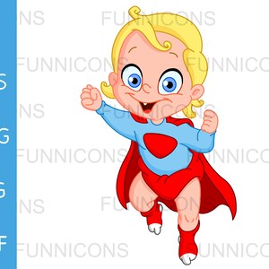 Clipart de desenho animado de um super bebê, bebê voando em uma fantasia de super-herói, arquivos ai eps png jpg e pdf incluídos, download instantâneo de arquivos digitais.
