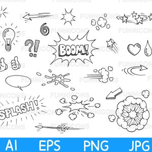 May include: A set of 20 black and white hand-drawn comic book style illustrations. The illustrations include a light bulb, a question mark, an exclamation point, a speech bubble, a star, a heart, a drop of water, a swirl, a boom, a splash, an arrow, and more.