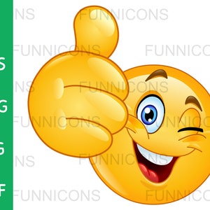 Desenho animado clipart de um emoticon feliz piscando e mostrando o polegar para cima, como, ok, arquivos ai eps png jpg e pdf, download de arquivos digitais.
