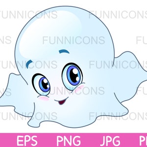 Dibujos animados de imágenes prediseñadas de Halloween de un fantasma bebé feliz con ojos azules, archivos ai eps png jpg y pdf incluidos, archivos digitales descarga instantánea.