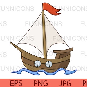 Clipart przedstawiający kreskówkową żaglówkę z czerwoną flagą, ilustracja wektorowa, dołączone pliki ai eps png, pdf i jpg, możliwość natychmiastowego pobrania plików cyfrowych.