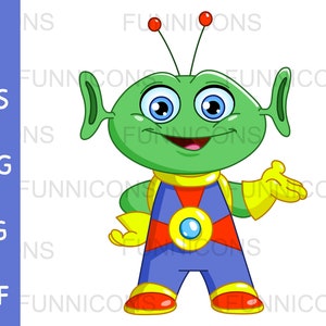 Dibujos animados clipart de un amistoso alienígena verde feliz presentando, ai eps png jpg y archivos pdf incluidos, archivos digitales de descarga instantánea.