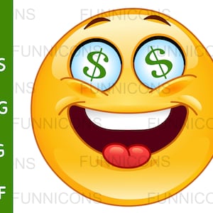 Cartoon clipart di un'emoticon felice con gli occhi del dollaro, file ai eps png jpg e pdf inclusi, download immediato di file digitali.