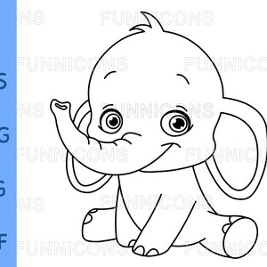 Dibujo para colorear, feliz bebé elefante, dibujos animados de arte de línea prediseñada, sello digital de scrapbooking, ai eps png jpg archivos pdf, descarga de archivos digitales.