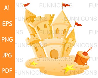 Clipart cartoon of sand castle with stars a pail and red flags, summer holiday theme, ai eps png jpg and pdf files, digital files download.
