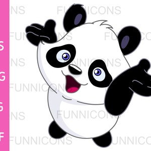 Caricatura clipart de un oso panda bebé feliz sosteniendo sus brazos hacia arriba, ilustración animal, ai eps png jpg y archivos pdf, descarga de archivos digitales.