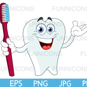 Caricatura de imágenes prediseñadas de un diente sonriente sosteniendo un cepillo de dientes y presentando con la mano, ai eps png jpg y archivos pdf, descarga de archivos digitales.