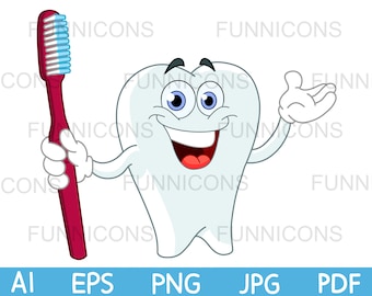 Clipart cartoon of a smiling tooth holding a toothbrush and presenting with hand, ai eps png jpg and pdf files, digital files download.