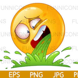 Clipart przedstawiający emotikonkę wymiotującą, dołączone pliki ai eps png jpg i pdf, możliwość natychmiastowego pobrania plików cyfrowych.