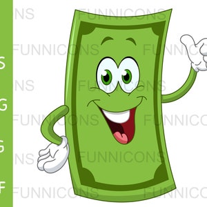 Cartone animato Clipart di una fattura in dollari felici che mostra pollice in su, come gesto, ai eps png jpg e file pdf inclusi, download di file digitali.