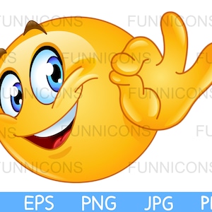 Desenho animado clipart de um emoticon feliz mostrando sinal de ok, arquivos ai eps png jpg e pdf incluídos, download instantâneo de arquivos digitais.