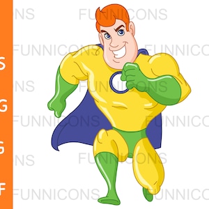 Desenho animado clipart de um super-herói feliz super-herói correndo para frente, arquivos ai eps png jpg e pdf incluídos, download instantâneo de arquivos digitais.